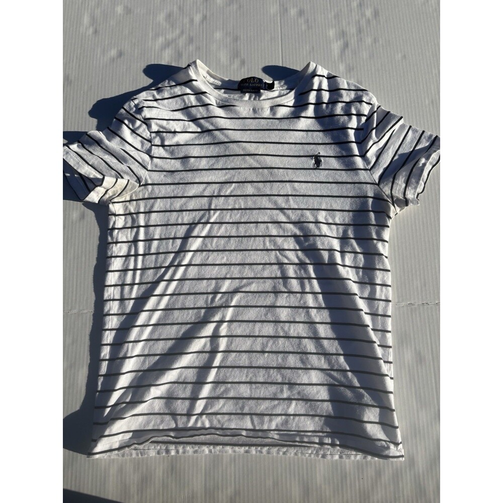 Polo Ralph Lauren Womens M White Black Striped Short Sleeve Crew Neck Slim Tee